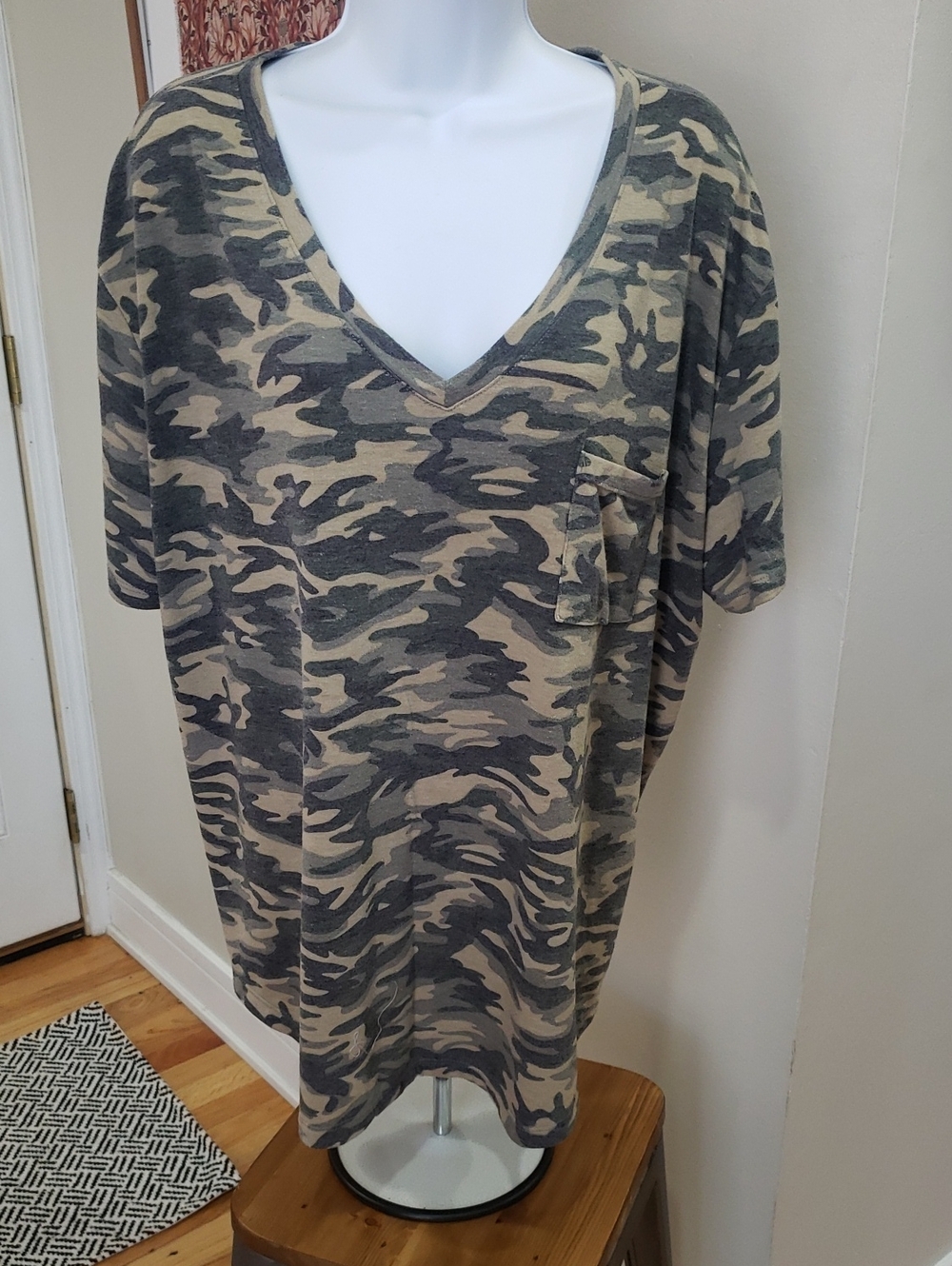 Loanna, Camouflage Short Sleeve Tee in Olive Green, Gray & Tan, 3X